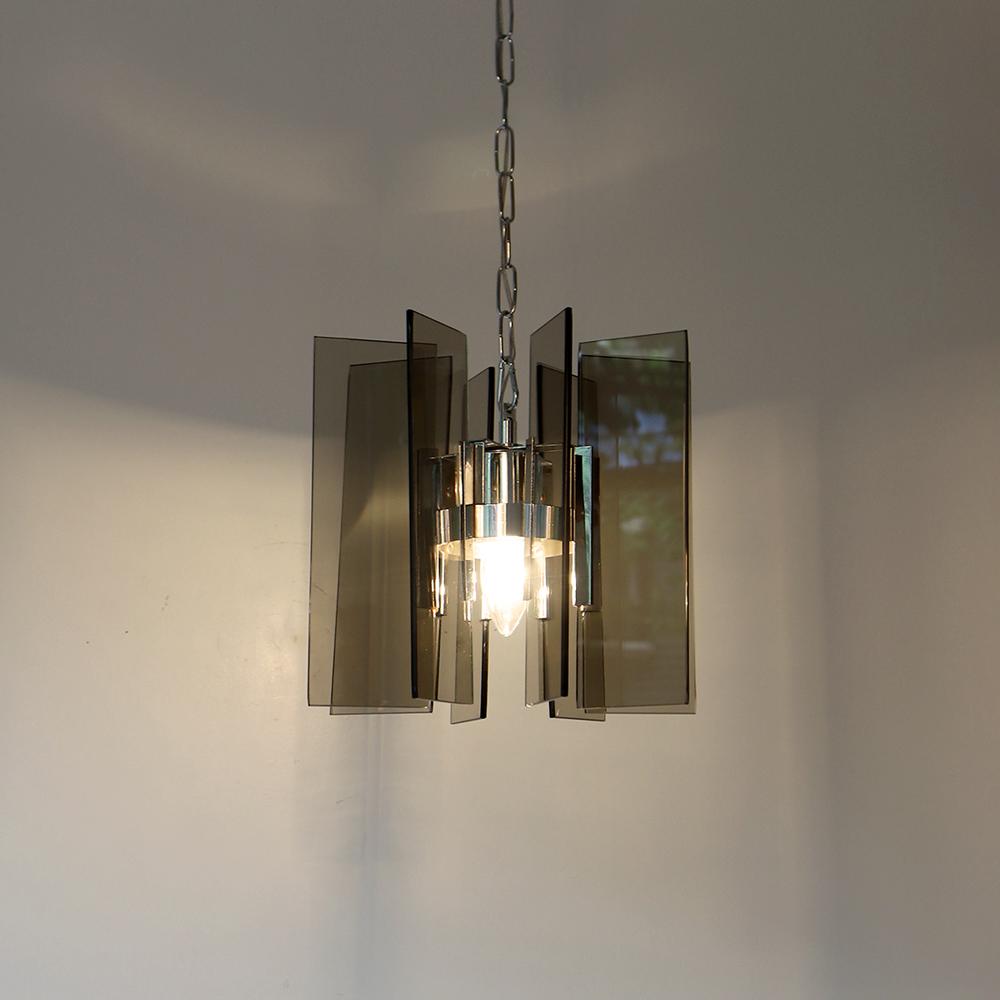 1960s Italy Smoked Glass & Chrome Pendant Lamp