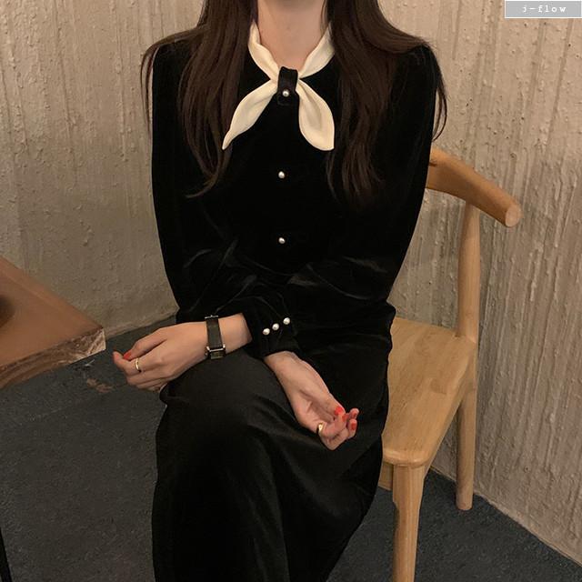 초이 배색 리본 벨벳 롱원피스 2color 가을 겨울 슬림라인 진주 버튼 모임 제이플로우 : 제이플로우
