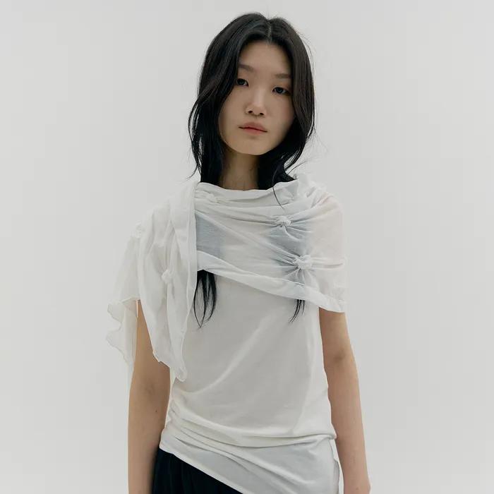 MESH DOT SHIRRED SCARF, WHITE