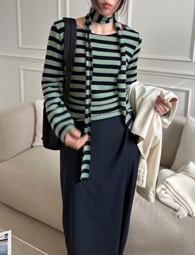 벨누아 스트라이프 스카프 세트 니팅 티셔츠(3color)