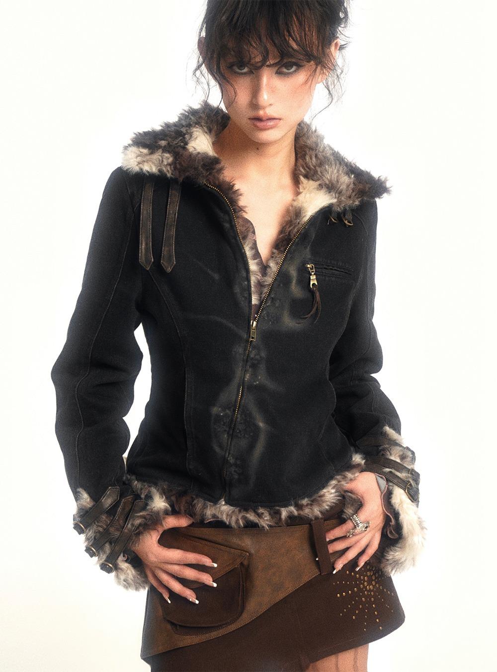 [Flowers birds Market] Faux Fur Collar Warm Denim Jacket