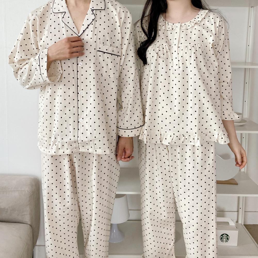국산 순면 커플 잠옷 아방 도트 긴팔 빅사이즈 파자마