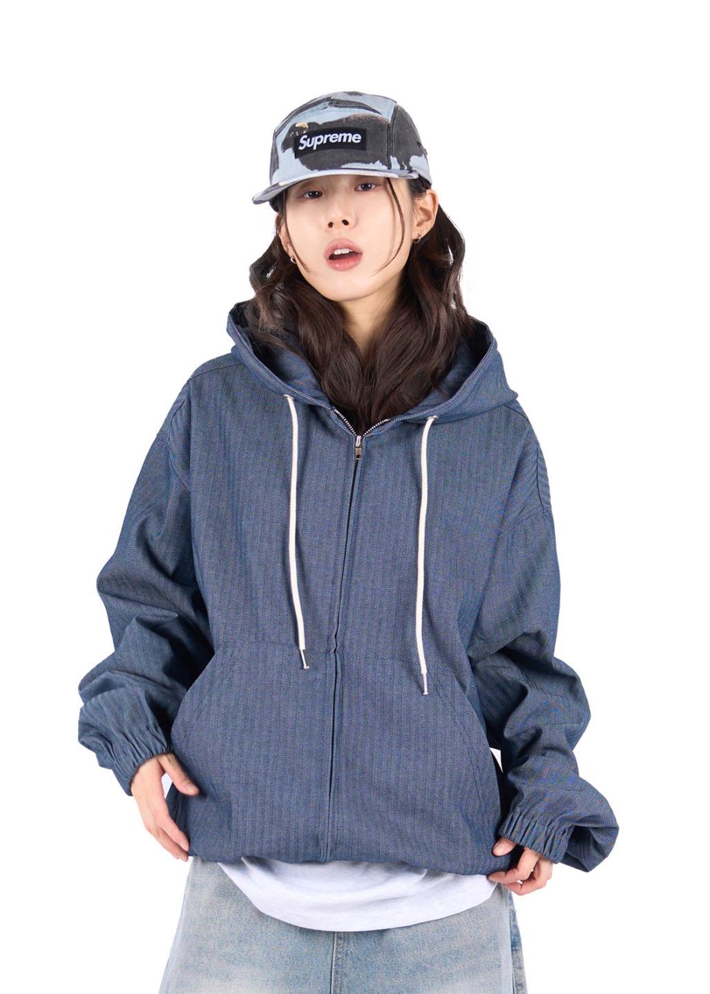 HERRINGBONE DENIM HOOD ZIP-UP