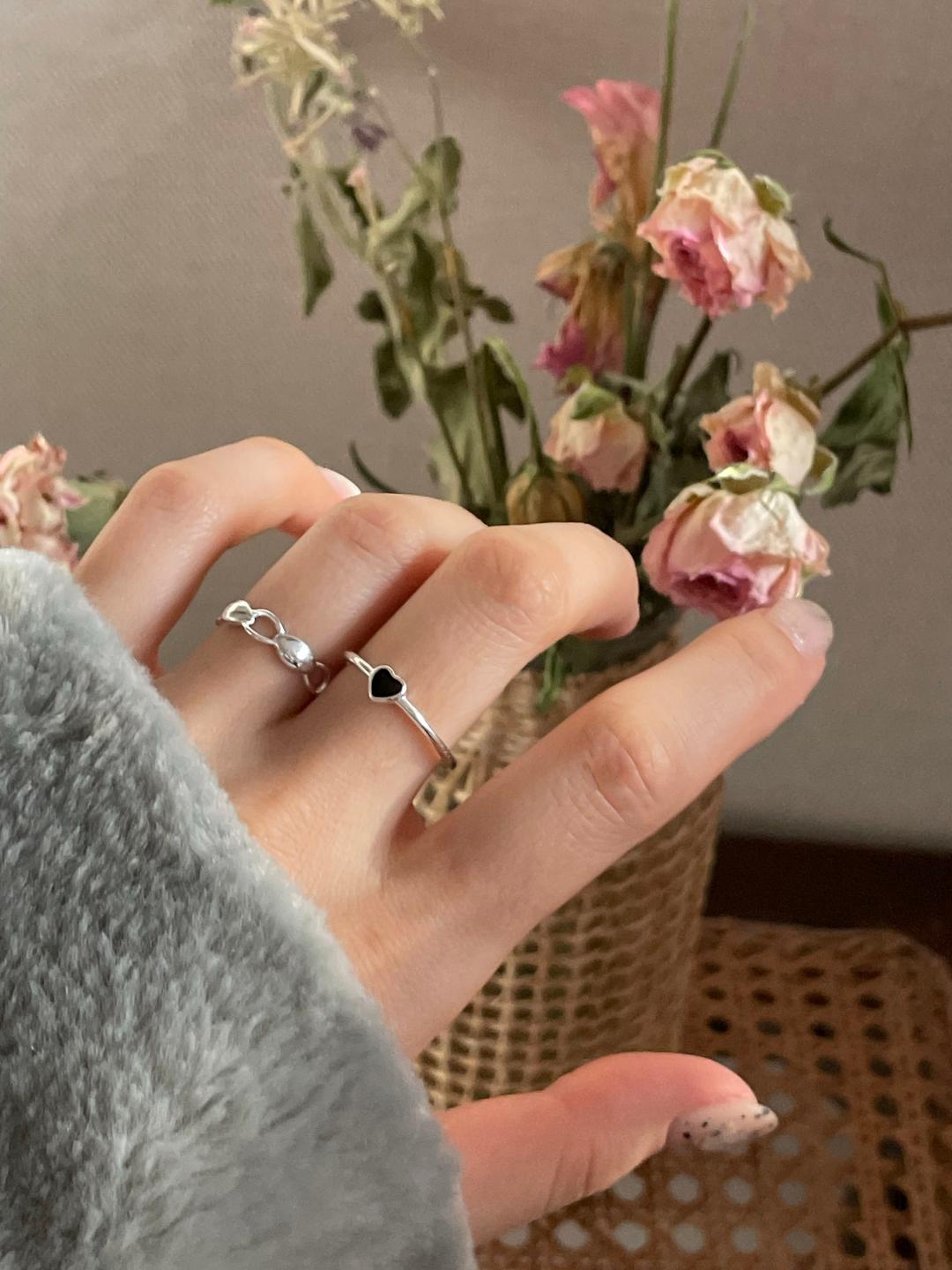 [당일발송/92.5 Silver] Black heart open ring