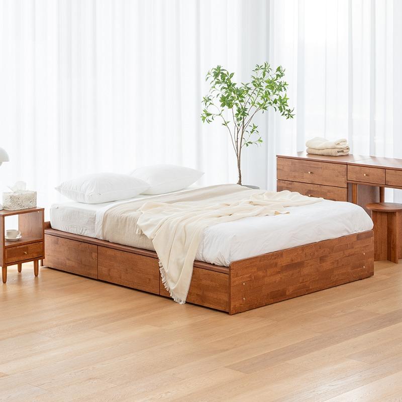 브라우니 D형 무헤드 서랍 수납 원목 침대 프레임 SS Q K LK