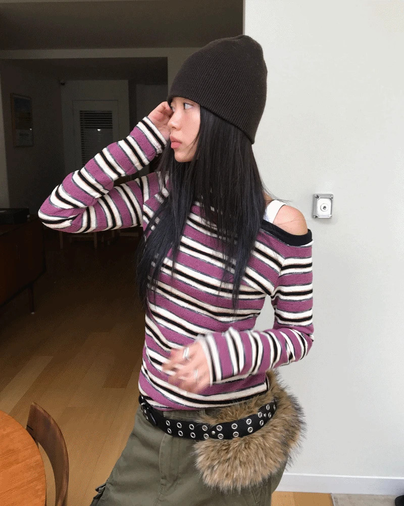 TEEL STRIPE OFF SHOULDER T