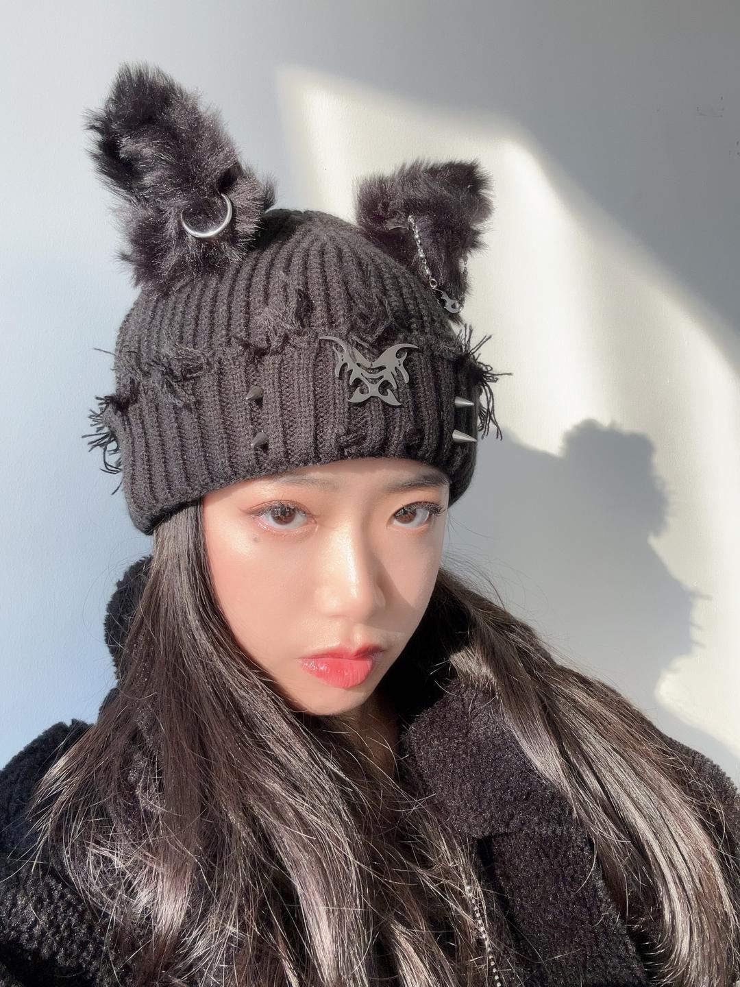 Fervooor Black Dog Ear Knit Cap Hat - shipping after a week