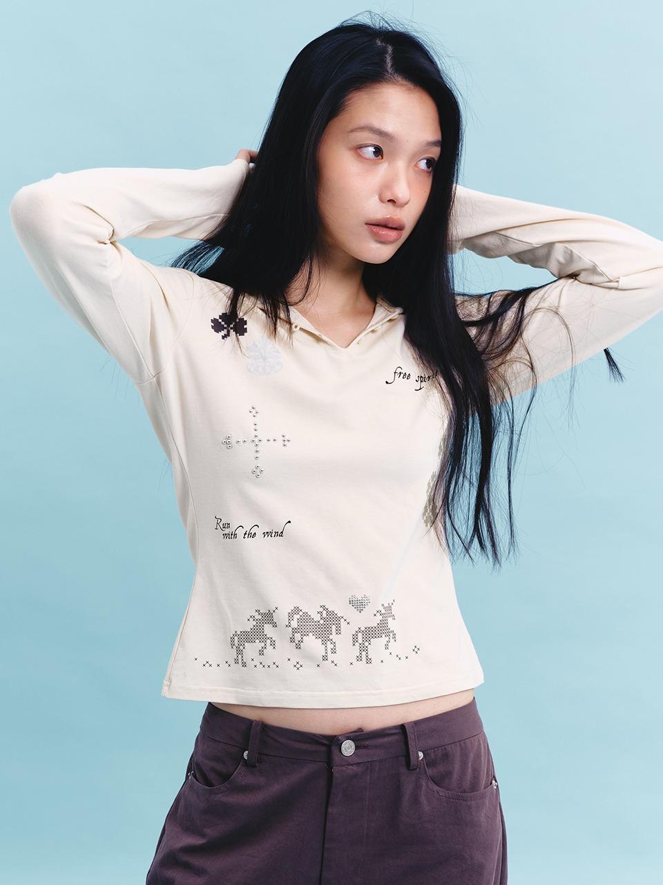 UNICORN CLOVER HOODED T-SHIRT  (BEIGE)