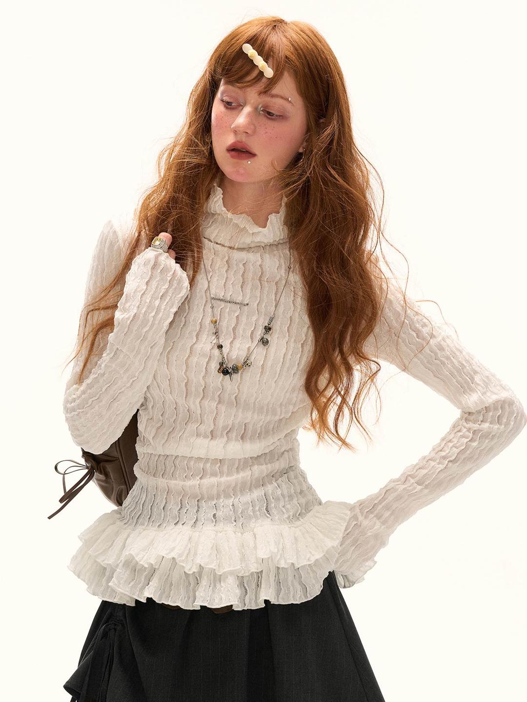 [MAMC] Double Frill Layer Logo Turtleneck Top