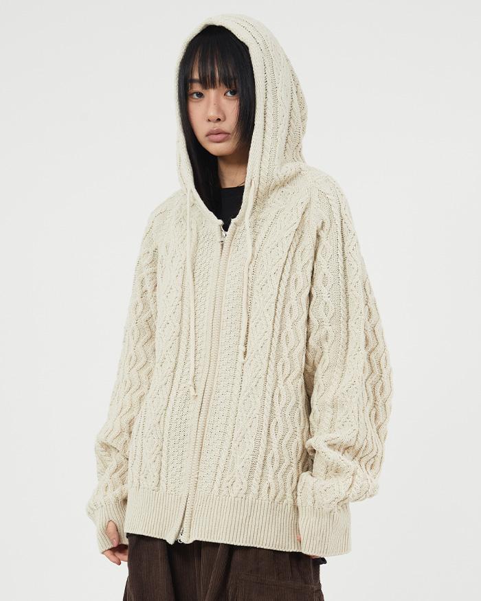 케이블 트위스티드 니트 후드 집업