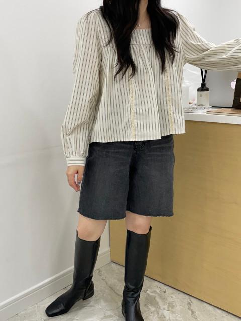 소이 블라우스 스퀘어넥 면 코튼 화이트 스트라이프 블라 : 프사이샵