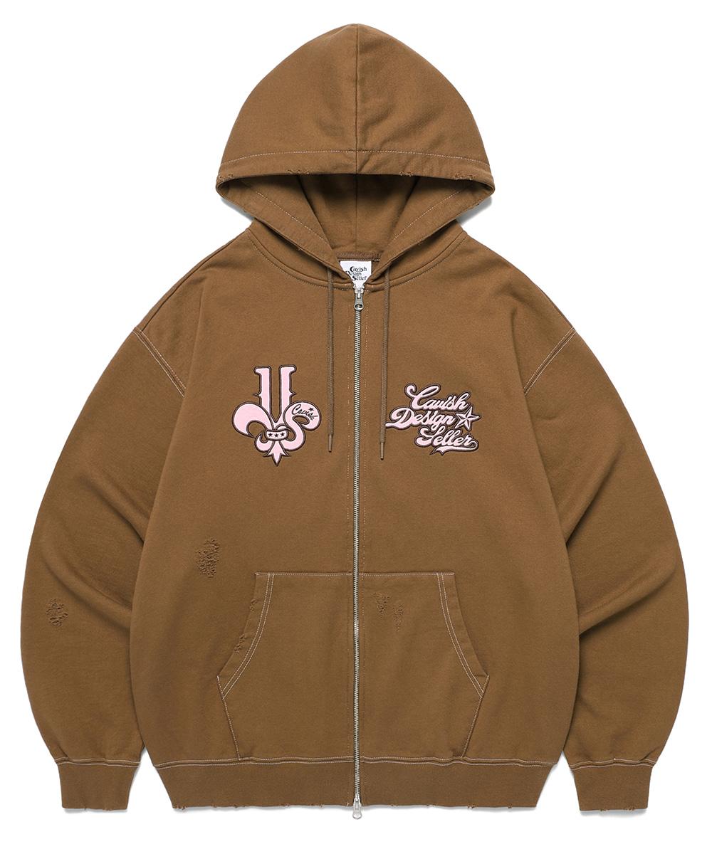 DAMAGED APPLIQUE ZIP UP HOODIE[BROWN]