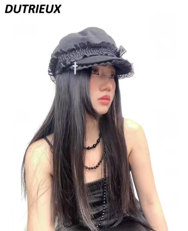 여성용 레이스 분리형 투 스트랩 모자, 고급 캐주얼, 올매치 네이비 모자, 레트로 플랫 탑 피크 캡, 블랙 베레모 패션