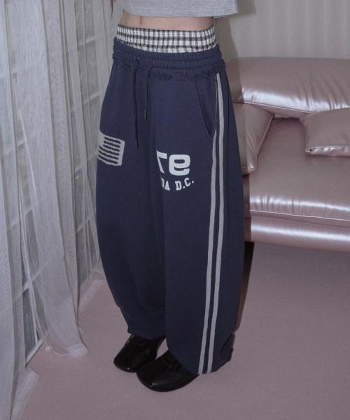 CHECK LAYERED SWEAT WIDE PANTS NAVY