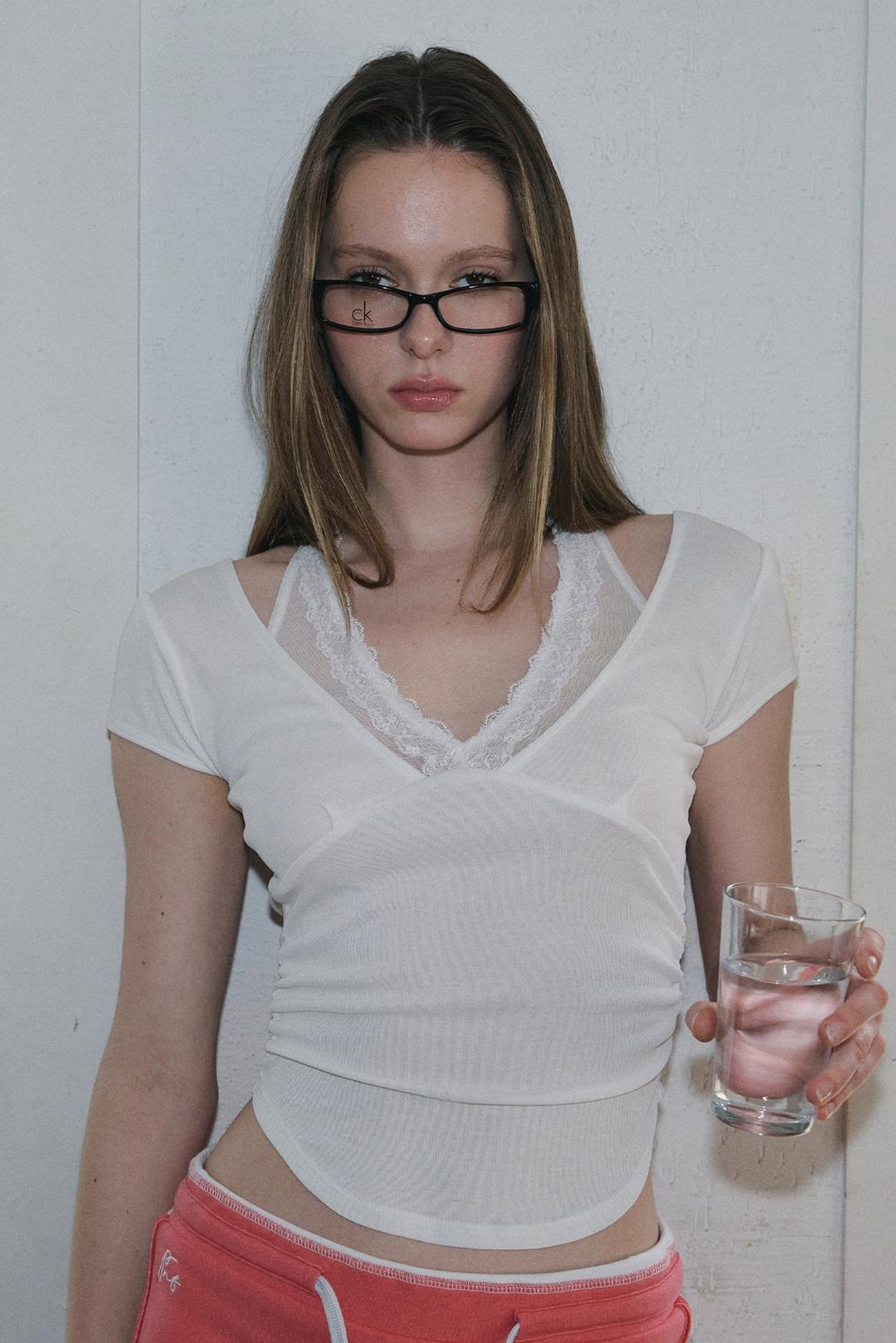 Amelia Lace Halter Short Sleeve Top (Ivory)