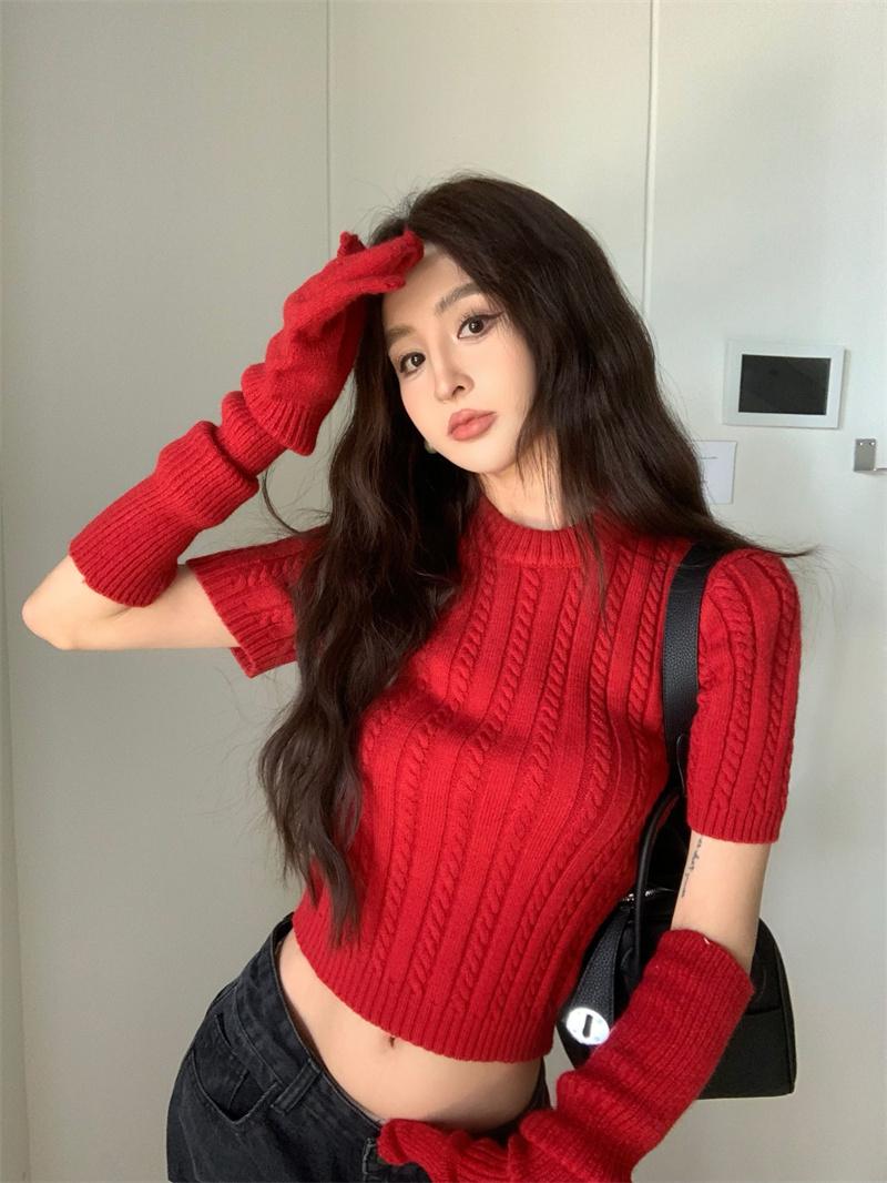 트위스트 라운드넥 크롭 니트 반팔니트 장갑 니트 세트 (2color)