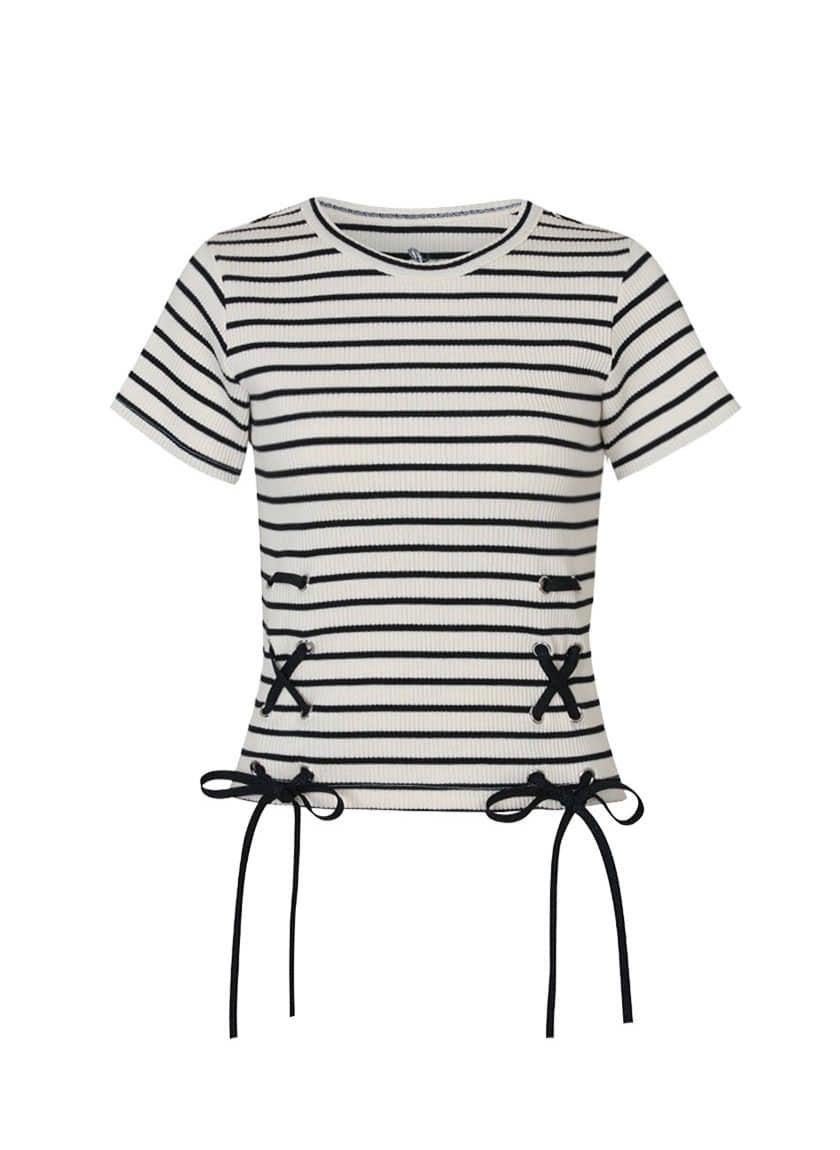 Stripe Ribbon Eyelet Top (White)