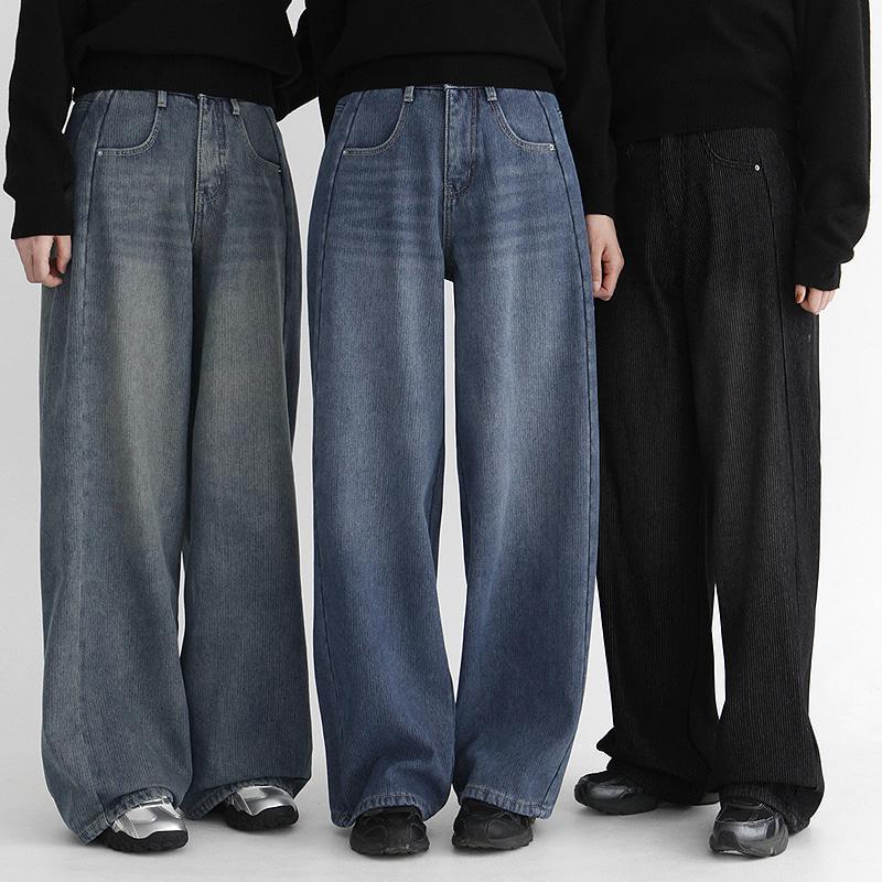 [융기모안감🔥/겨울데님/포인트템][S-XXL/2기장]바이프 코듀로이 융 기모 절개 와이드 롱 데님팬츠 - 4 color