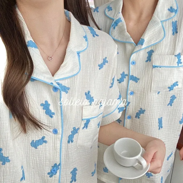 (당일출고/💙커플잠옷💙) 블루문 토끼 여름 반팔 요루면 커플 잠옷 홈웨어 파자마파티