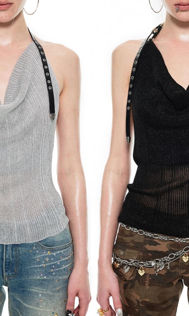 1JINN STUDIO Knit slouchy collar belt vest
