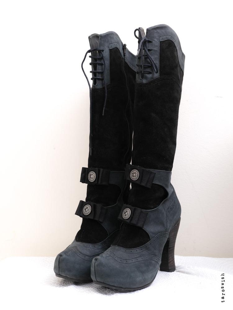 Euro Label Doll Boots EU 39 – Navy & Black Velvet Bow Lace-Up Boots