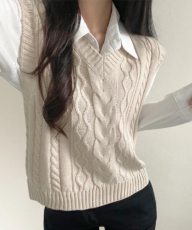 [데일리/1+1할인] 가을필수템, 꽈배기 브이넥 세미크롭 니트 조끼 5color