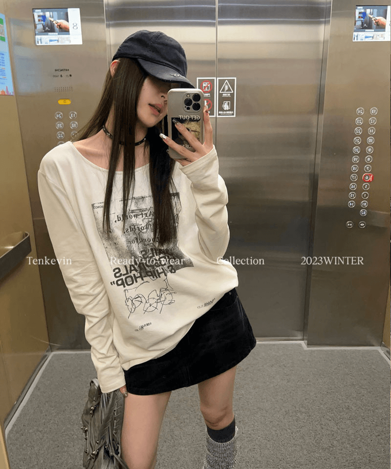 빈티지 프린팅 루즈핏 긴팔티셔츠