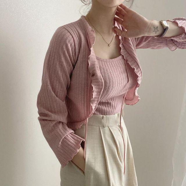 웨이브 가디건세트 크롭가디건 물결가디건 나시세트 4col_무드글램