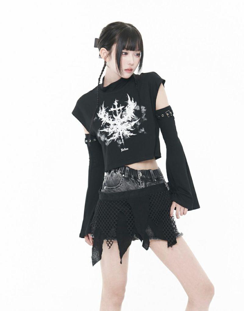 REFLEM【レフレム】アームカバー付きプリントクロップド長袖Tシャツ/全3色
