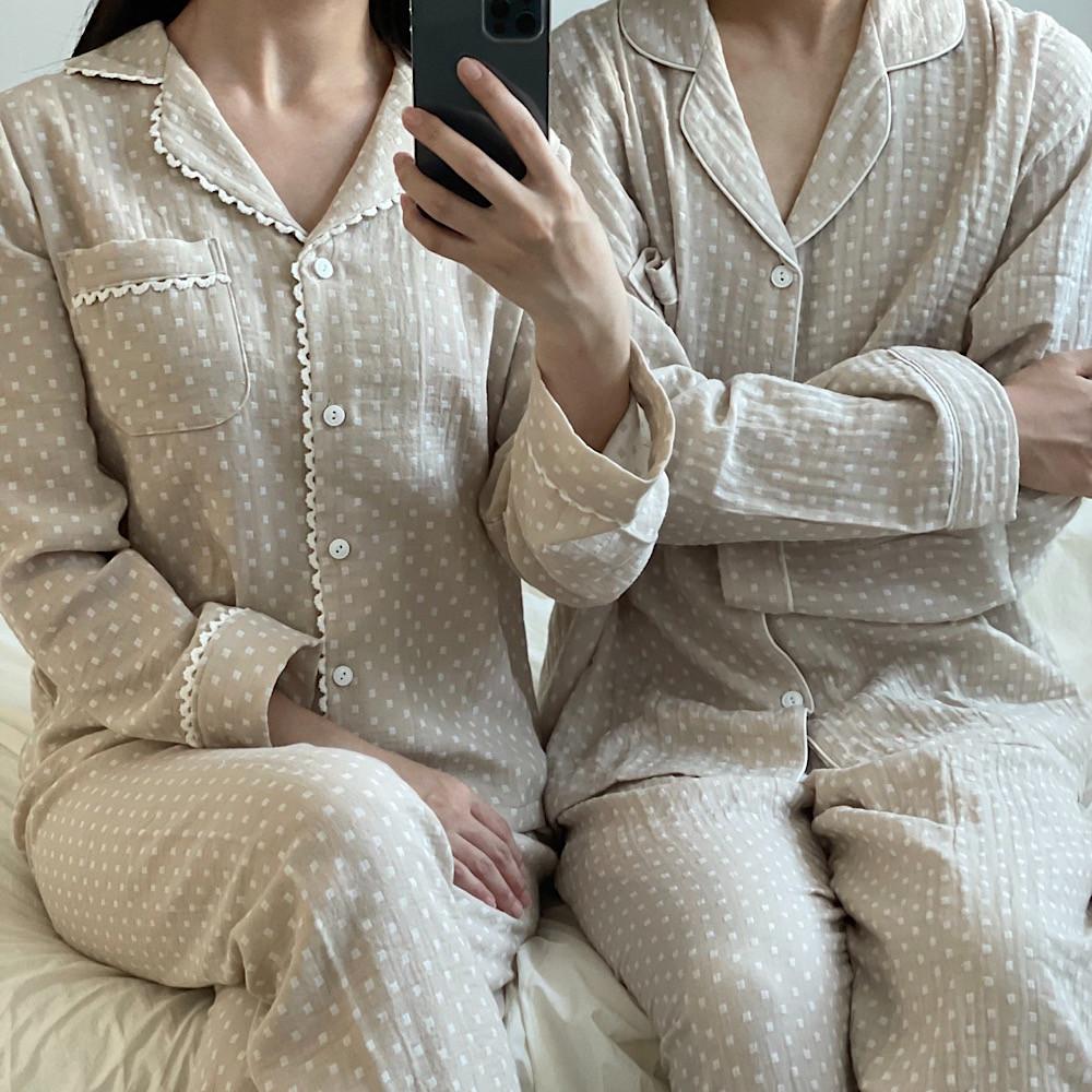 국내생산 여성 남성 커플홈웨어 이중거즈면 베이지 카라넥 투피스 잠옷 파자마