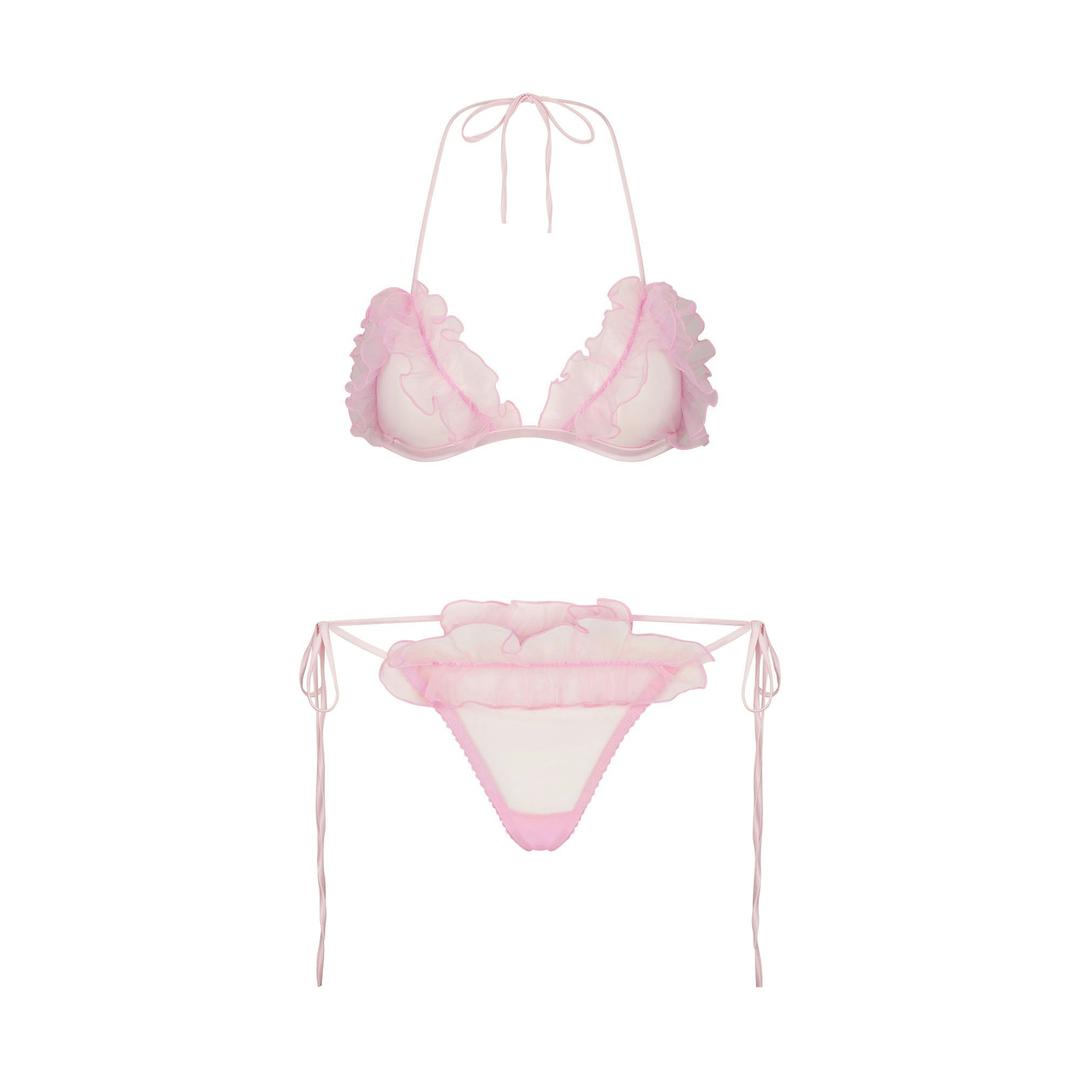 EMBROIDERED TULLE TIE BRALETTE AND THONG SET | BUBBLE GUM