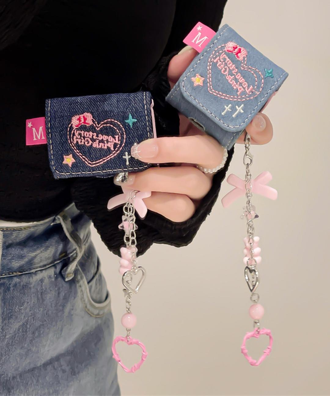 에어팟 핑크걸 데님 가방 핸드폰줄 스트랩 키링 Y2K 특이한 힙 유니크 키치 하이틴 귀여운 심플 커플 우정 친구 선물 이어폰 애플 케이스 에어팟케이스 1세대 2세대 프로 3세대