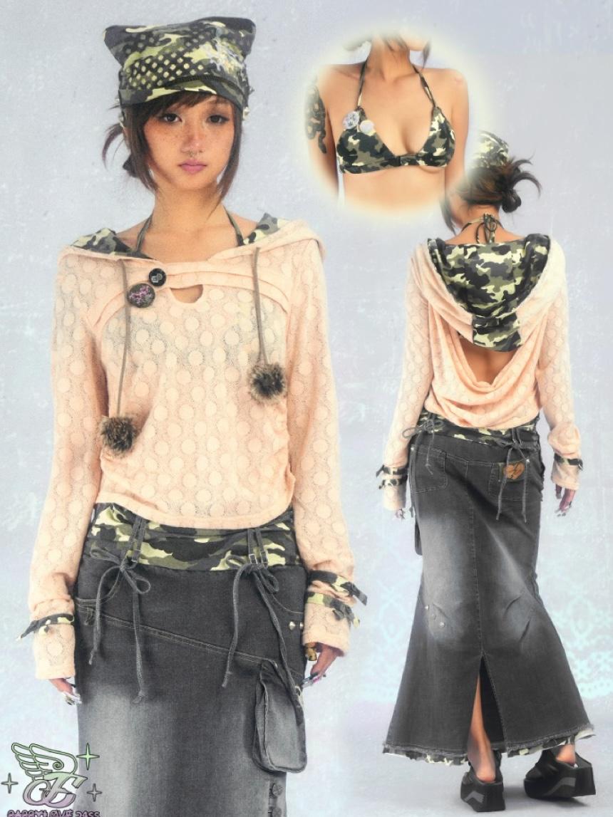 SassyLove Camouflage Oversized Hat Pullover Backless Hoodie (Bra Included)