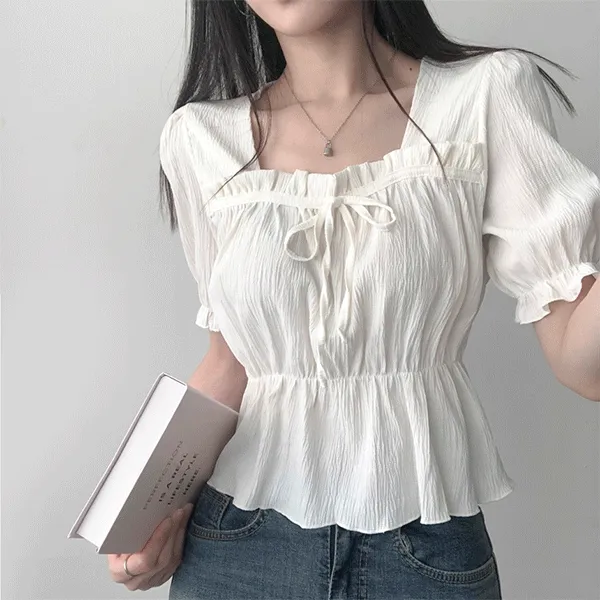 🚚당일출고🚚[예뻐요!] 스퀘어 하트넥 허리스트링 반팔 블라우스
