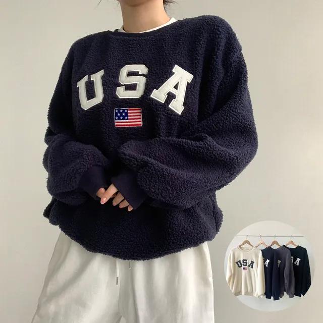 USA양털맨투맨 남여공용 루즈핏 오버핏 루즈핏 긴팔 뽀글이 커플룩 트윈룩 캠핑 여행 겨울 롱맨투맨 힙커버