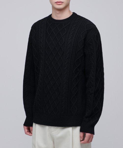 아란 케이블 크루 넥 니트 [블랙]