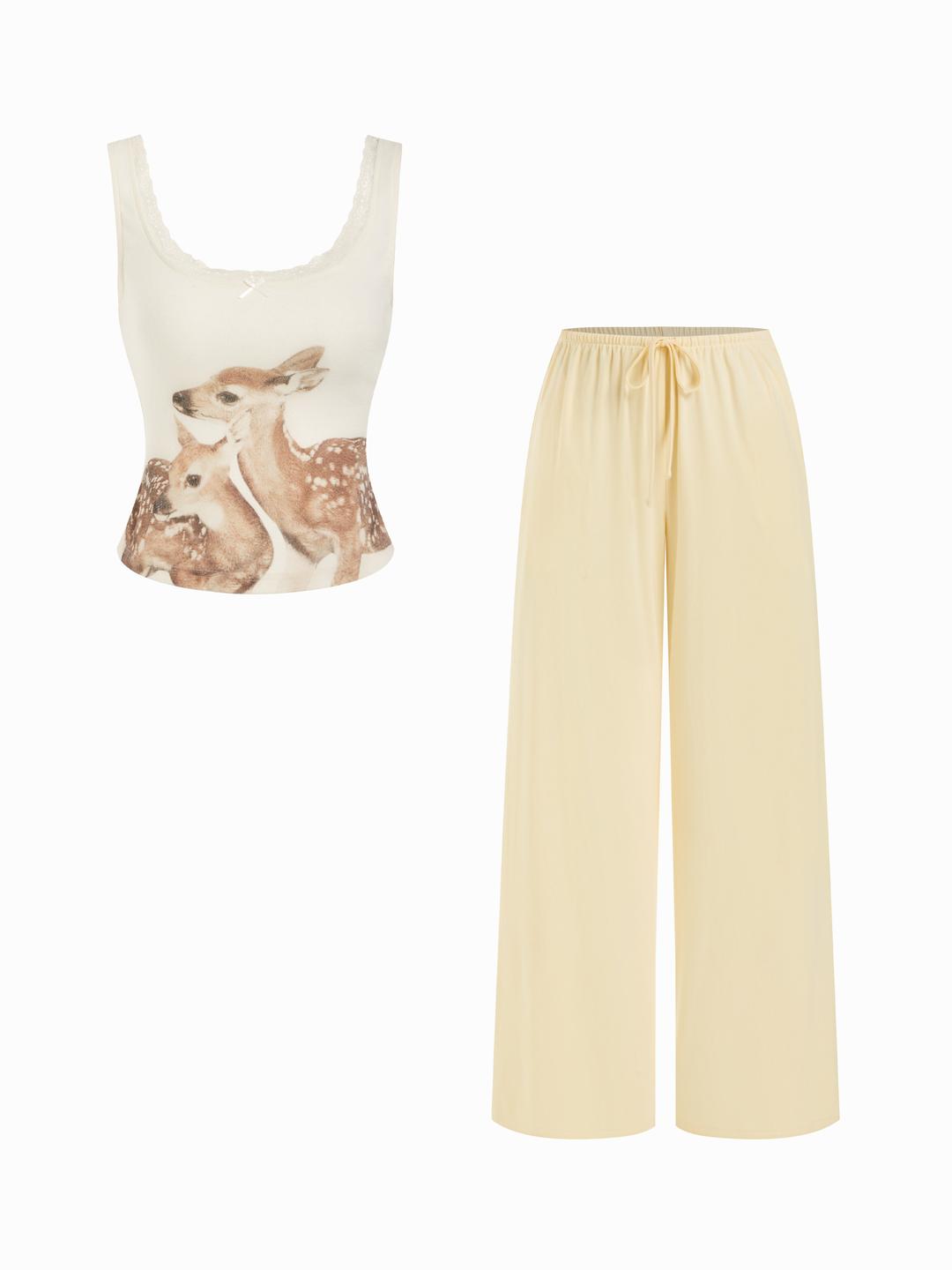 Deer Graphic Square Neck Cropped Tank Top & Mid Rise Drawstring Straight Leg Trousers Loungewear Set