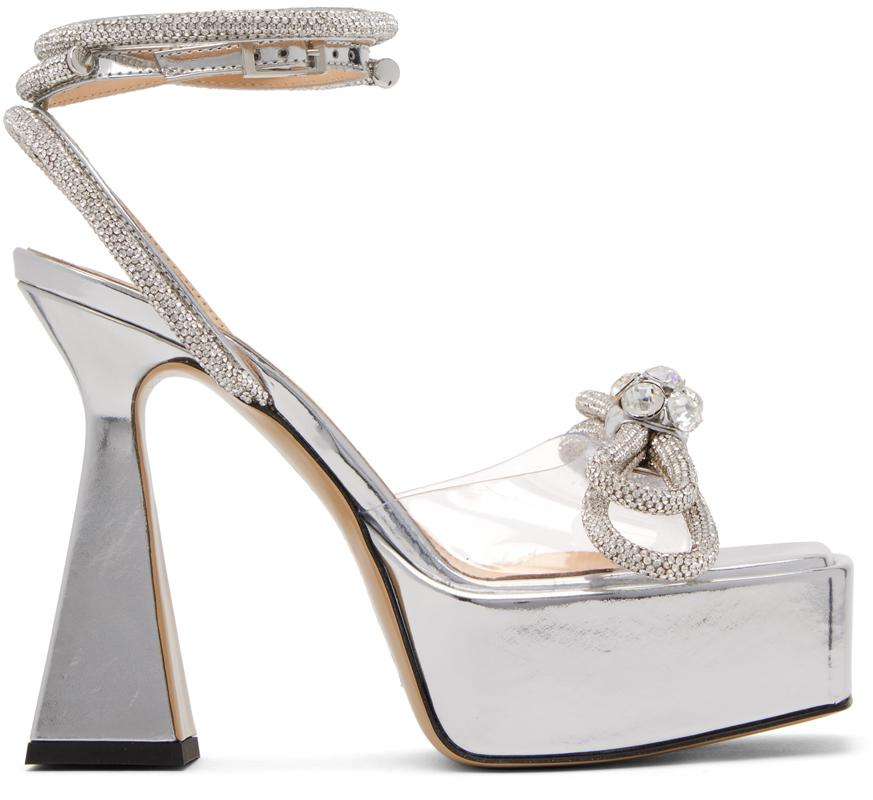 Silver Double Bow Platform Heeled Sandals