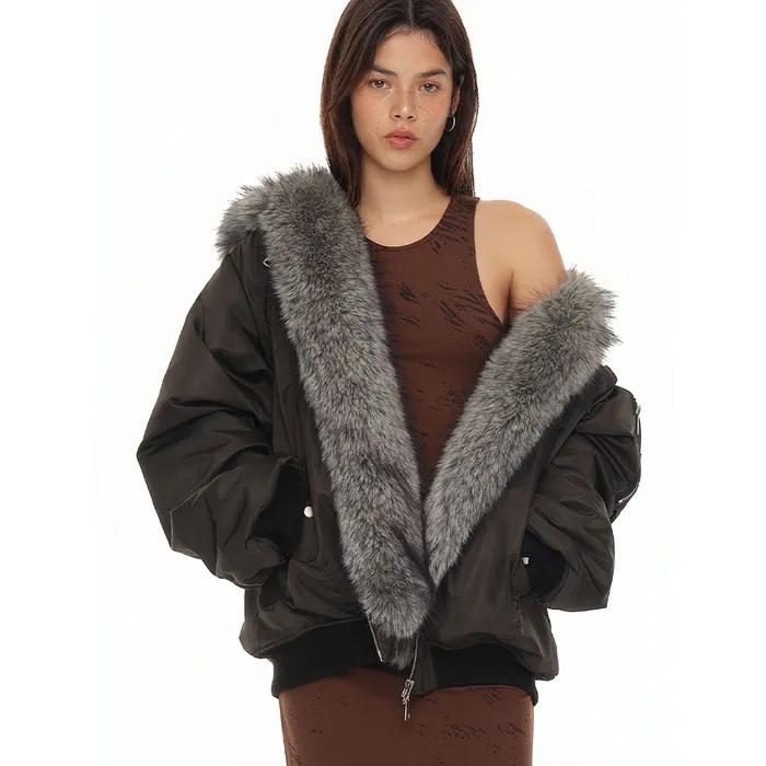 FAUX FUR BOMBER JACKET (CHARCOAL)