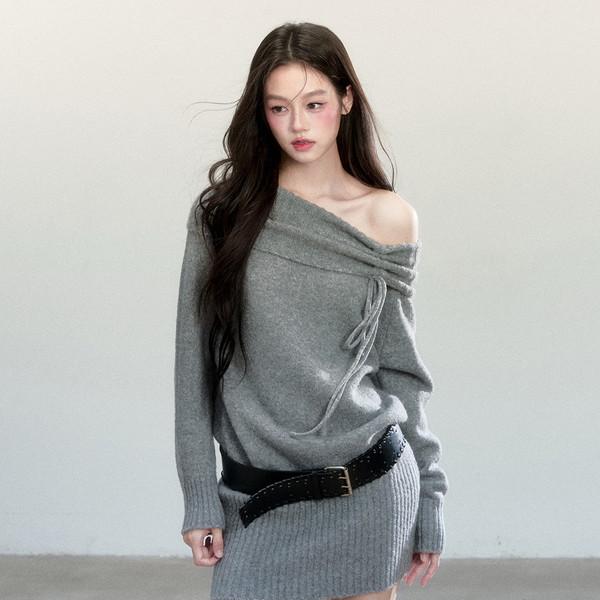 Off-Shoulder Knit Dress with Belt