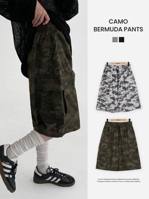 [남녀공용/군살보정] 캠프 카모 와이드 카고 버뮤다 팬츠 (44~88) (남녀공용팬츠-밀리터리-버뮤다하프팬츠-와이드팬츠-유니섹스-나일론팬츠-와이드밴딩팬츠-5부트레이닝팬츠)