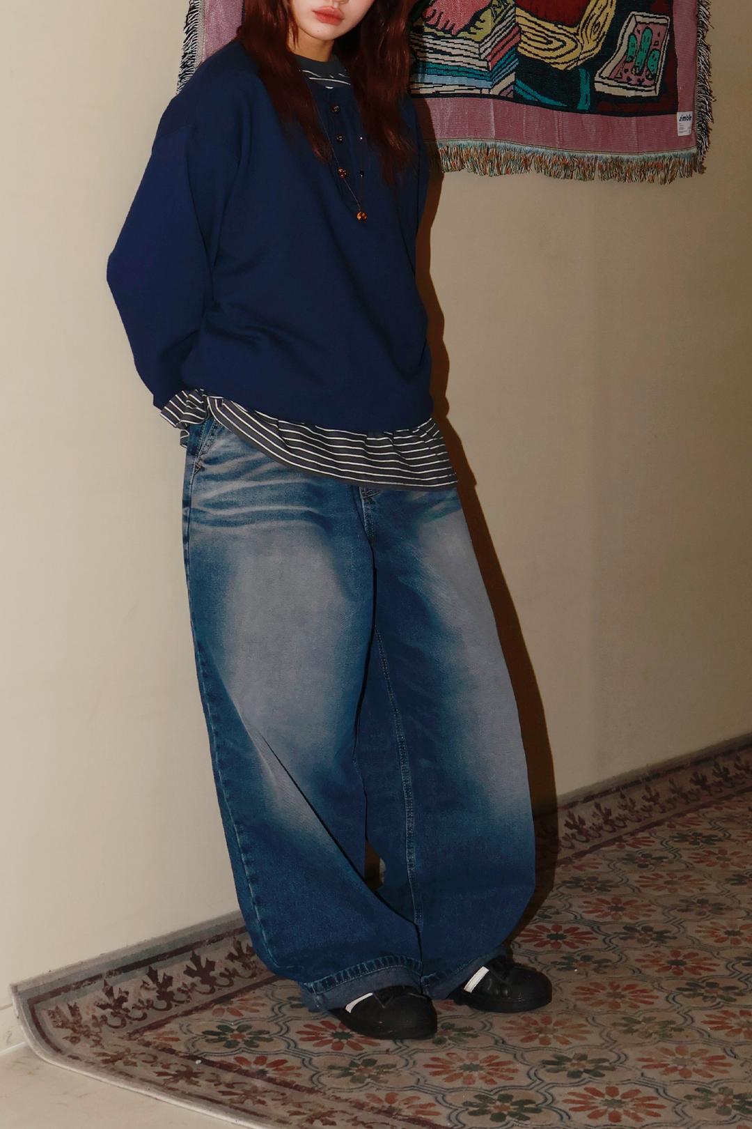 캣 와이드 벌룬 데님 팬츠