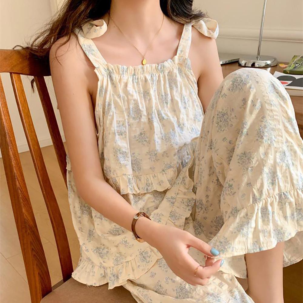 티티리 여름 빈티지 블루 장미 플라워 꽃 파자마 파티 공주 긴바지 민소매 끈 나시 잠옷