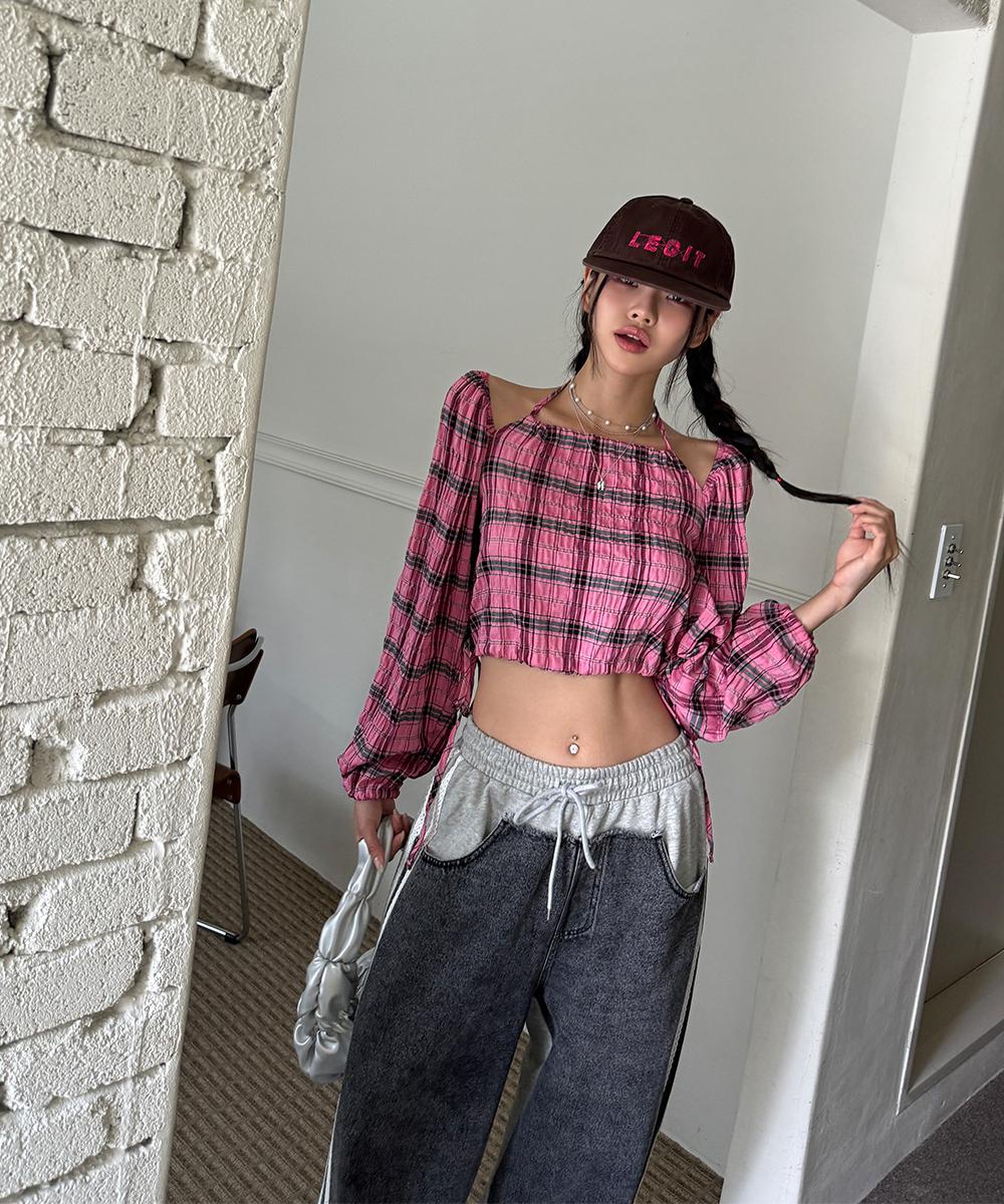 체크오프홀터블라우스