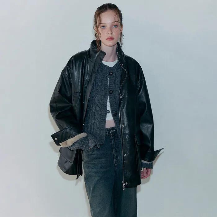 [3차] Faux Leather Fur Coat, Black