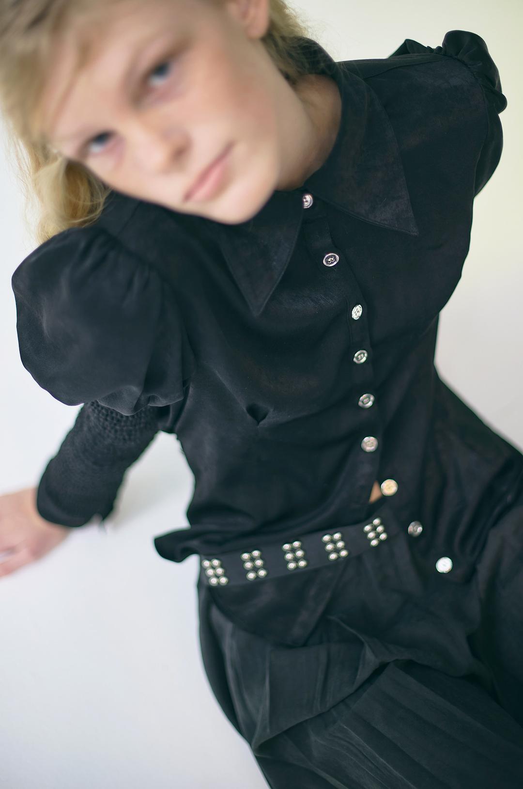 G_SMOCKED PUFF SILK SHIRT / BLACK