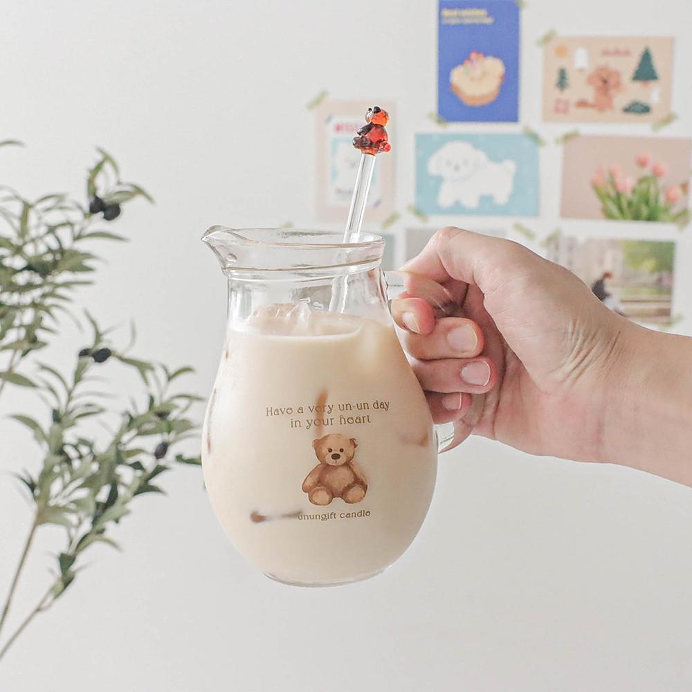 테디 베어 손잡이 유리저그 홈카페 레터링 유리컵