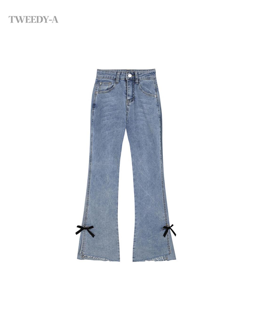 타이니 리본 포인트 부츠컷 중청 데님 팬츠