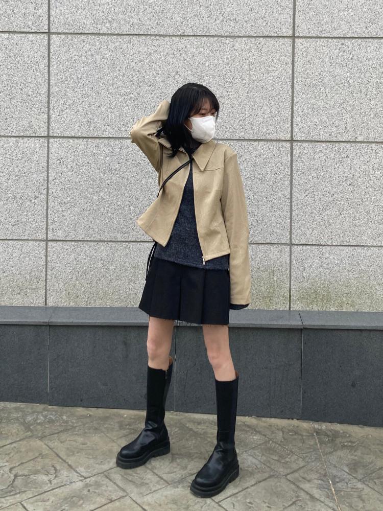 [Coi] Scratch JK (beige/black) 가을 겨울 레더 자켓 크롭 셔츠 지퍼 광택 고급 레더