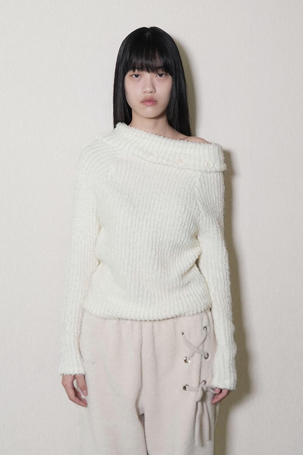 Button Off-shoulder Knit-Ivory